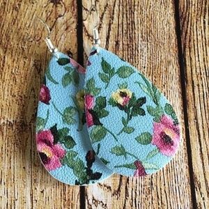 Blue and pink floral faux leather earrings